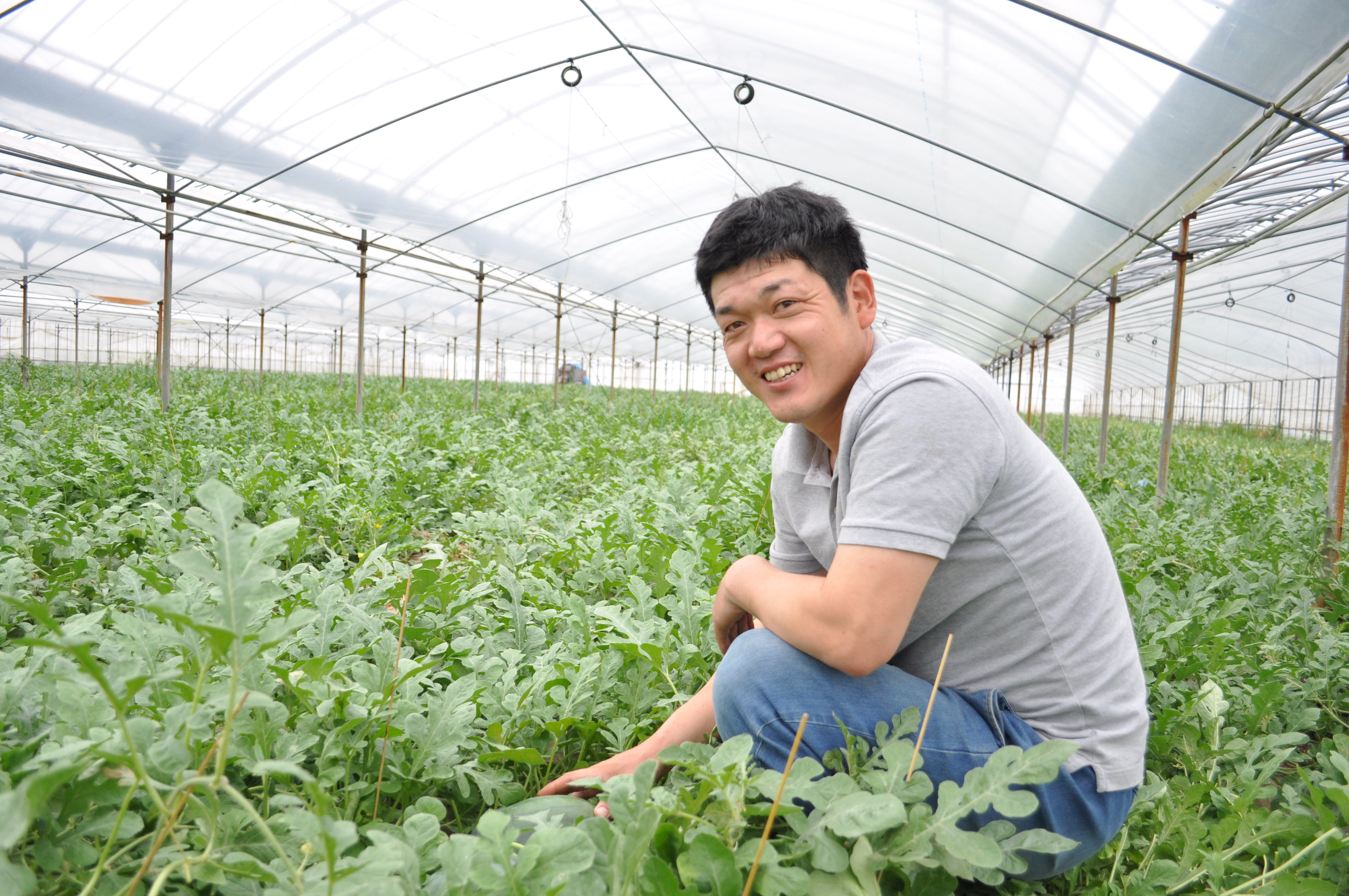 ハウスの中で笑顔の岡山祐大さん